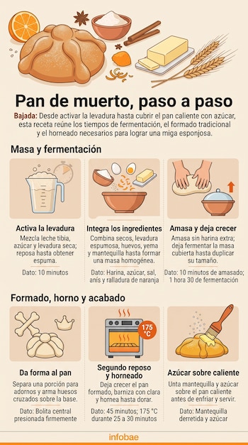 Infografía con ilustraciones de un pan de muerto, ingredientes, un horno y seis cuadros explicativos con los pasos de preparación.