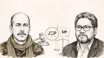 Ilustración de dos hombres: Simón Trinidad a la izquierda con uniforme militar y bufanda; Iván Márquez a la derecha con traje y gafas, con símbolos de la JEP y la UP.