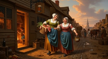 Dos mujeres con atuendos coloniales caminan por una calle adoquinada, una lleva una cesta con alimentos y la otra una bolsa de monedas. Se ve un pueblo al fondo.