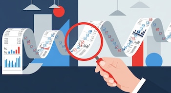 Mano sostiene lupa roja sobre cinta de papel con números, gráficos de barras y marcas de verificación. Fondo de oficina con formas geométricas.