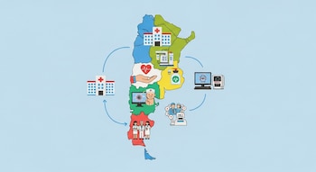 Mapa plano de Argentina dividido en colores con íconos de hospital, laboratorio, mano con corazón, computadora, robot quirúrgico y equipo médico, unidos por flechas curvas.