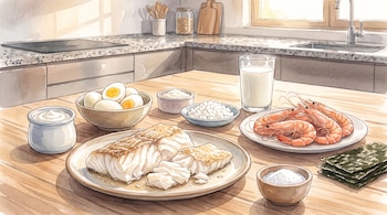 Mesa de cocina de madera con pescado cocido, huevos cocidos, leche, langostinos, yogur, queso cottage, algas nori y un recipiente con sal.