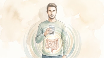Ilustración de un hombre con los ojos cerrados que sostiene un vaso con agua y semillas de chía, con su sistema digestivo visible y ondas concéntricas.