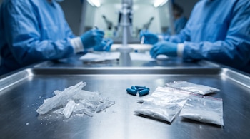 Cristales de metanfetamina, cápsulas de fentanilo y bolsas con polvo blanco sobre una mesa de evidencia. Investigadores con batas en laboratorio.