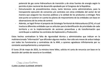 Carta de Clara Guatame, expresidenta