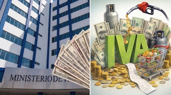 Edificio Ministerio de Hacienda de El Salvador, dinero en dólares, letras IVA, surtidor de gasolina, cilindro de gas, carrito de compras con víveres y recibo.