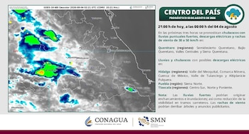 Mapa satelital de la zona central de México con formaciones de nubes, símbolos de rayos, ciudades, texto de pronóstico del tiempo y logos de CONAGUA y SMN
