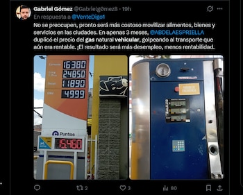 Captura de pantalla de un mensaje en redes sociales que contiene texto sobre tarifas y la fotografía del letrero de una estación de servicio