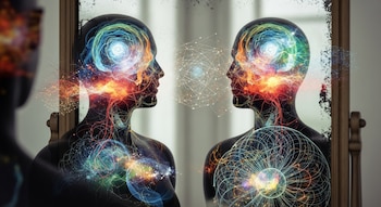 Una figura humana abstracta oscura se refleja en un espejo antiguo, mostrando en su interior redes neuronales y explosiones de luz azul, roja y amarilla.