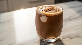 Primer plano de un vaso de licuado de cacao, café y leche helado con gotas de condensación, sobre una encimera de mármol con luz natural.