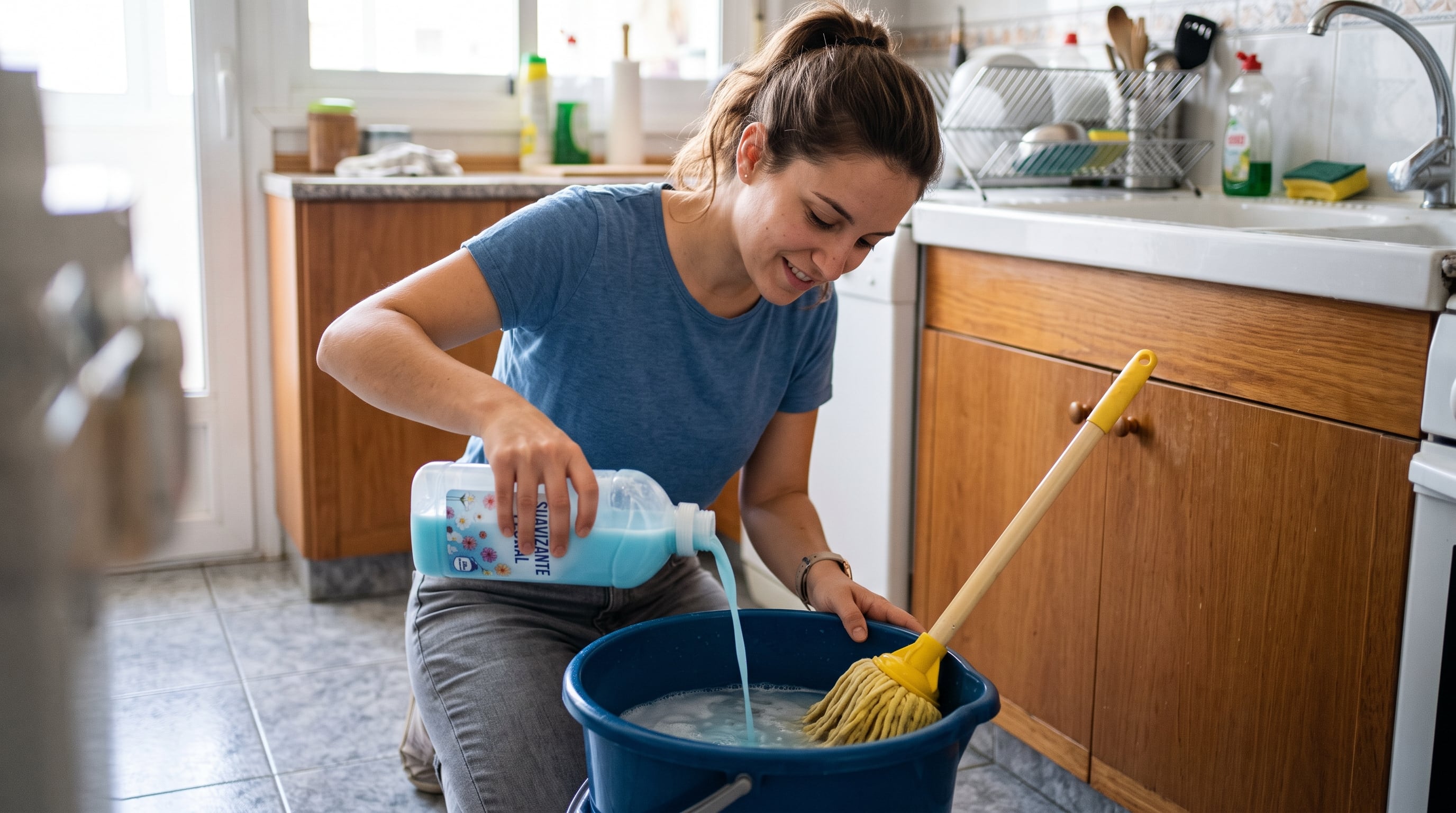 Una mujer vierte suavizante azul dentro de un cubo con agua para realizar tareas de limpieza en el suelo de la cocina. (Imagen Ilustrativa Infobae)