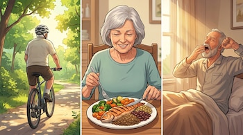 Collage ilustrativo: hombre mayor en bicicleta, mujer mayor comiendo pescado y verduras, y hombre mayor despertando en la cama.