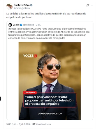 El presidente Gustavo Petro pidió a los medios públicos que transmitan las reuniones de empalme de Gobierno - crédito @petrogustavo/X