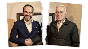 Ilustración de dos hombres sonrientes, con un apretón de manos interrumpido por una rasgadura vertical en una fotografía antigua.