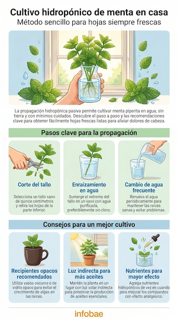 Infografía muestra una planta de menta en un vaso con raíces, pasos para cortar y enraizar tallos en agua, e ilustraciones de recipientes y nutrientes.