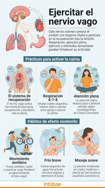 Infografía con un esquema del cuerpo humano, órganos y dibujos de personas realizando respiración, meditación, ejercicio físico y masajes.