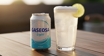 Lata de gaseosa light plateada y azul con gotas de agua, junto a un vaso alto de gaseosa con hielo, espuma y rodaja de lima en una mesa de madera.
