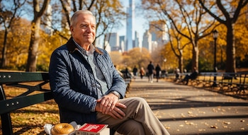 Hombre jubilado sentado en un banco de parque con árboles de otoño, rascacielos y gente caminando al fondo. Tiene un bagel y un libro.