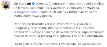 Alejandro Toro advirtió que impulsará la moción si se comprueba que el ministro Beltrán desatendió sus funciones. - crédito @alejotoroant/Instagram
