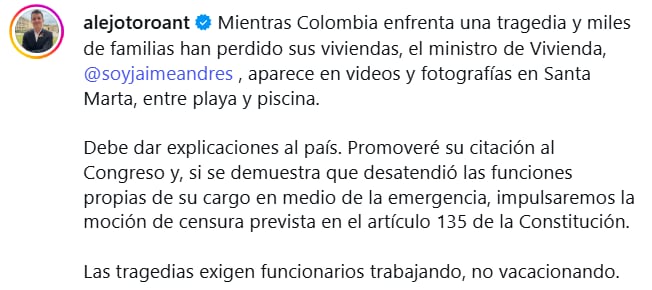 Alejandro Toro advirtió que impulsará la moción si se comprueba que el ministro Beltrán desatendió sus funciones. - crédito @alejotoroant/Instagram