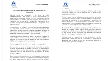 Pronunciamiento de la Defensoría del Pueblo tras el asesinato del periodista Cristian Herrera - crédito Defensoría del Pueblo