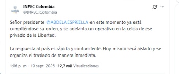 El Inpec inició un operativo para trasladar a alias Firu a otra cárcel - crédito @INPEC_Colombia/X