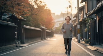 Una mujer japonesa de edad avanzada sonríe mientras camina por una calle con edificios tradicionales y árboles de hojas naranjas, bajo la luz del amanecer.