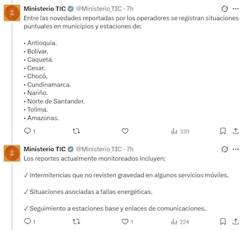 Reporte oficial sobre el estado de las telecomunicaciones, con seguimiento a intermitencias, fallas energéticas y estaciones en varias regiones del país. - crédito @Ministerio_TIC/X