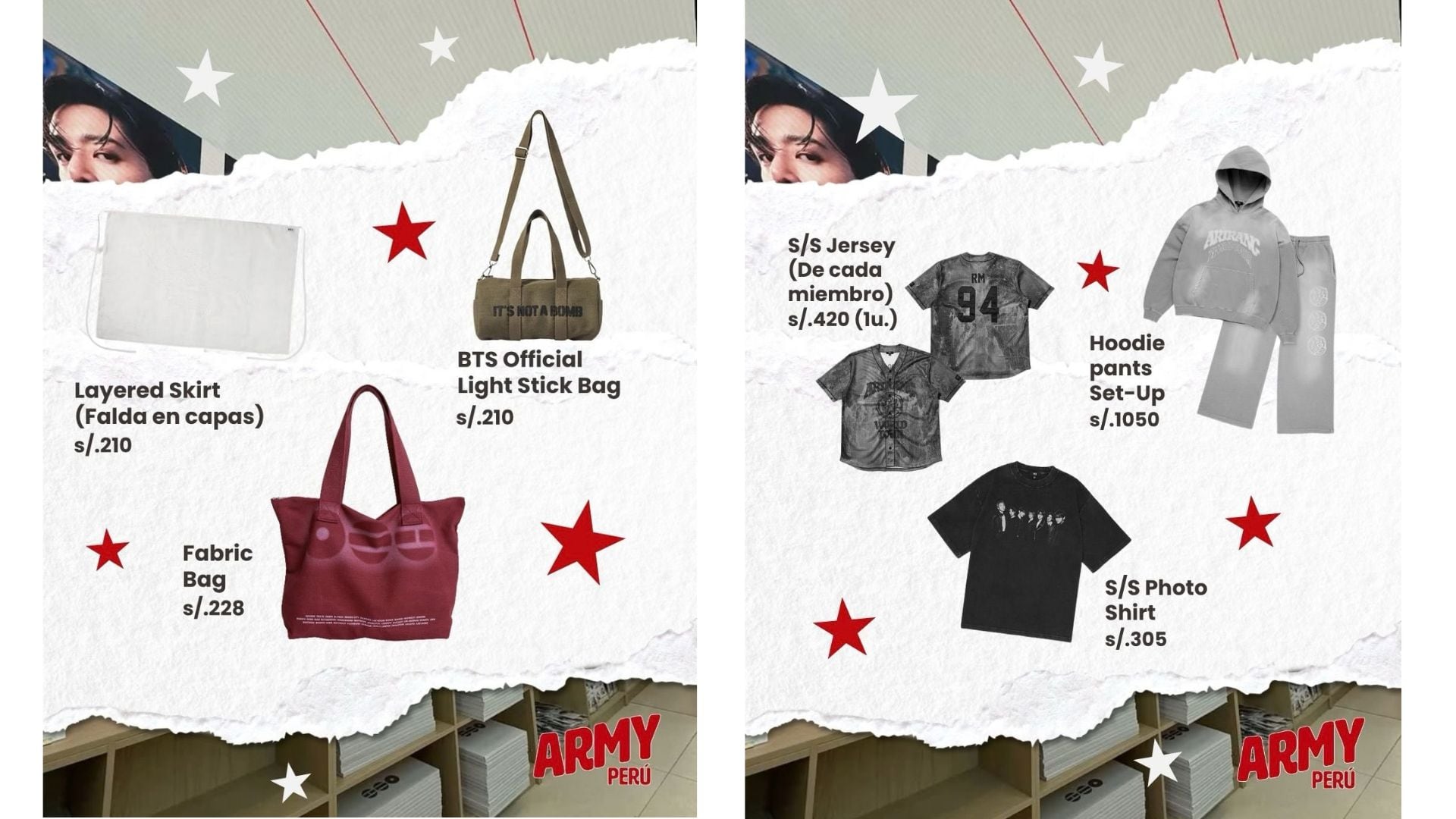 La tienda temporal de BTS en Perú presenta la lista de precios en soles de su ropa y accesorios oficiales. (Army Perú)