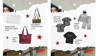 Paneles promocionales con imágenes y precios en soles de bolsos, prendas de vestir y accesorios de BTS