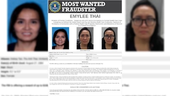 Póster del FBI "Most Wanted Fraudster" con el nombre Emylee Thai, el logo del Departamento de Justicia y tres fotografías de la mujer. Contiene texto informativo