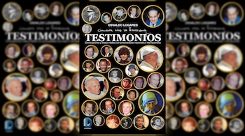 Portada de libro Testimonios de Osvaldo Logares con veintiocho retratos circulares de personas y el logo Desaumenta sobre un fondo de la misma imagen borrosa.