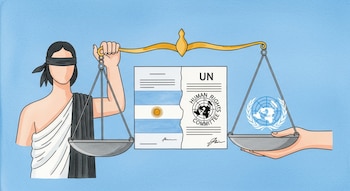 Balanza dorada con figura vendada y mano con logo de la ONU. Documento central con bandera de Argentina y símbolo del Comité de Derechos Humanos.