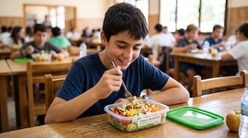 Un niño sentado a una mesa de madera come ensalada de un recipiente plástico con la etiqueta menú escolar, junto a una manzana.