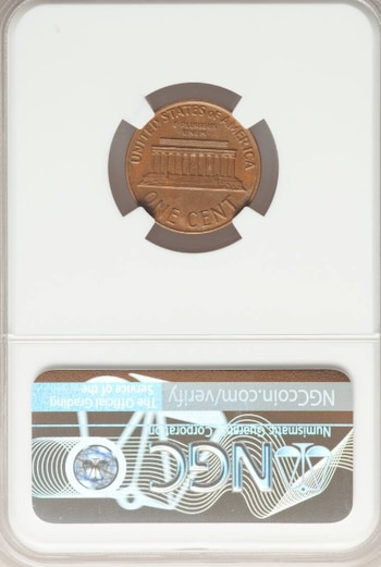 Moneda de un centavo de Estados Unidos en el interior de un estuche de plástico transparente con una etiqueta de verificación