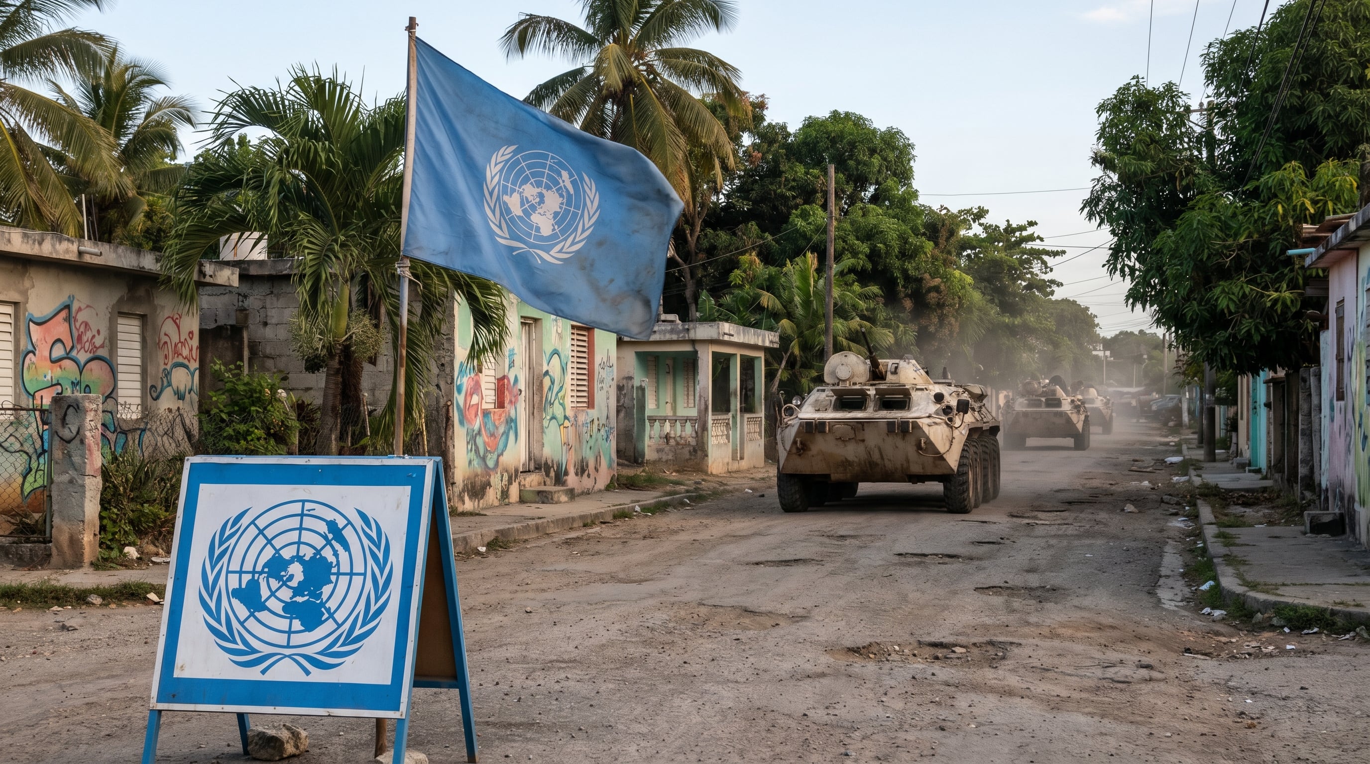 Vehículos blindados de las Naciones Unidas transitan una calle deteriorada de Haití, con edificios grafitados, bajo la bandera y el cartel de la ONU en primer plano. (Imagen Ilustrativa Infobae)