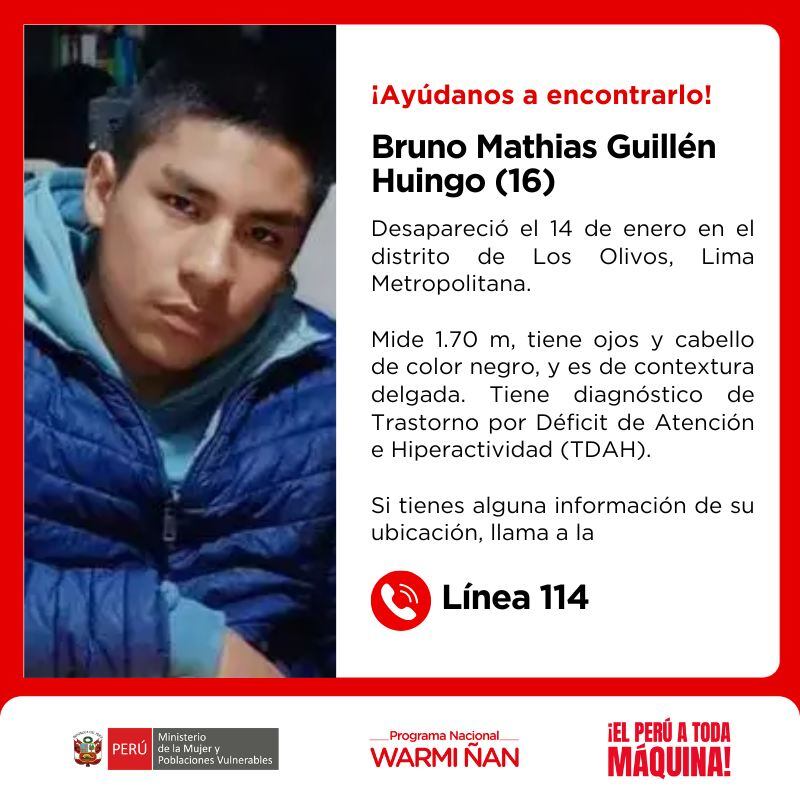 La familia de Bruno Mathias Guillén Huingo, de 16 años y con autismo y TDAH, busca apoyo urgente tras su desaparición el 15 de enero en Lima, denunciando falta de acción de las autoridades (Foto: MIMP Warmi Ñan)