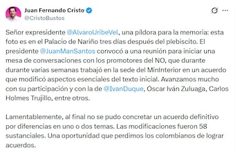 El exministro del Interior Juan Fernando Cristo recordó al expresidente Álvaro Uribe los encuentros de concertación que hubo en 2016 - crédito @CristoBustos/X