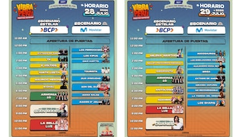 Dos carteles muestran la programación del festival Vibra Perú para el 28 y 29 de julio. Cada cartel incluye dos escenarios con horarios y nombres de artistas con sus fotos