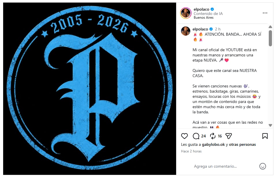 El cantante de cumbia informó en Instagram que el canal de YouTube volverá a funcionar bajo su gestión