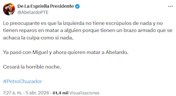 Cuenta de Abelardo de la Espriella advirtió sobre intentos de asesinato vinculados a la izquierda - crédito @AbelardoPTE/X