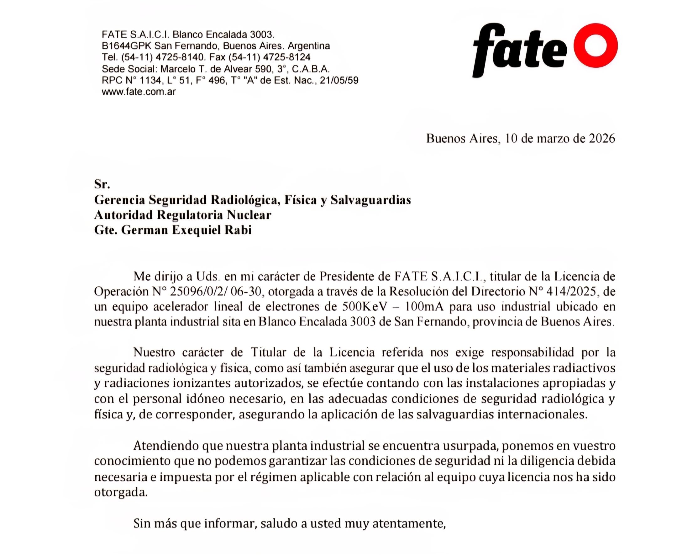 La carta que enviaron desde la empresa sobre la imposibilidad de garantizar la seguridad radiológica y física