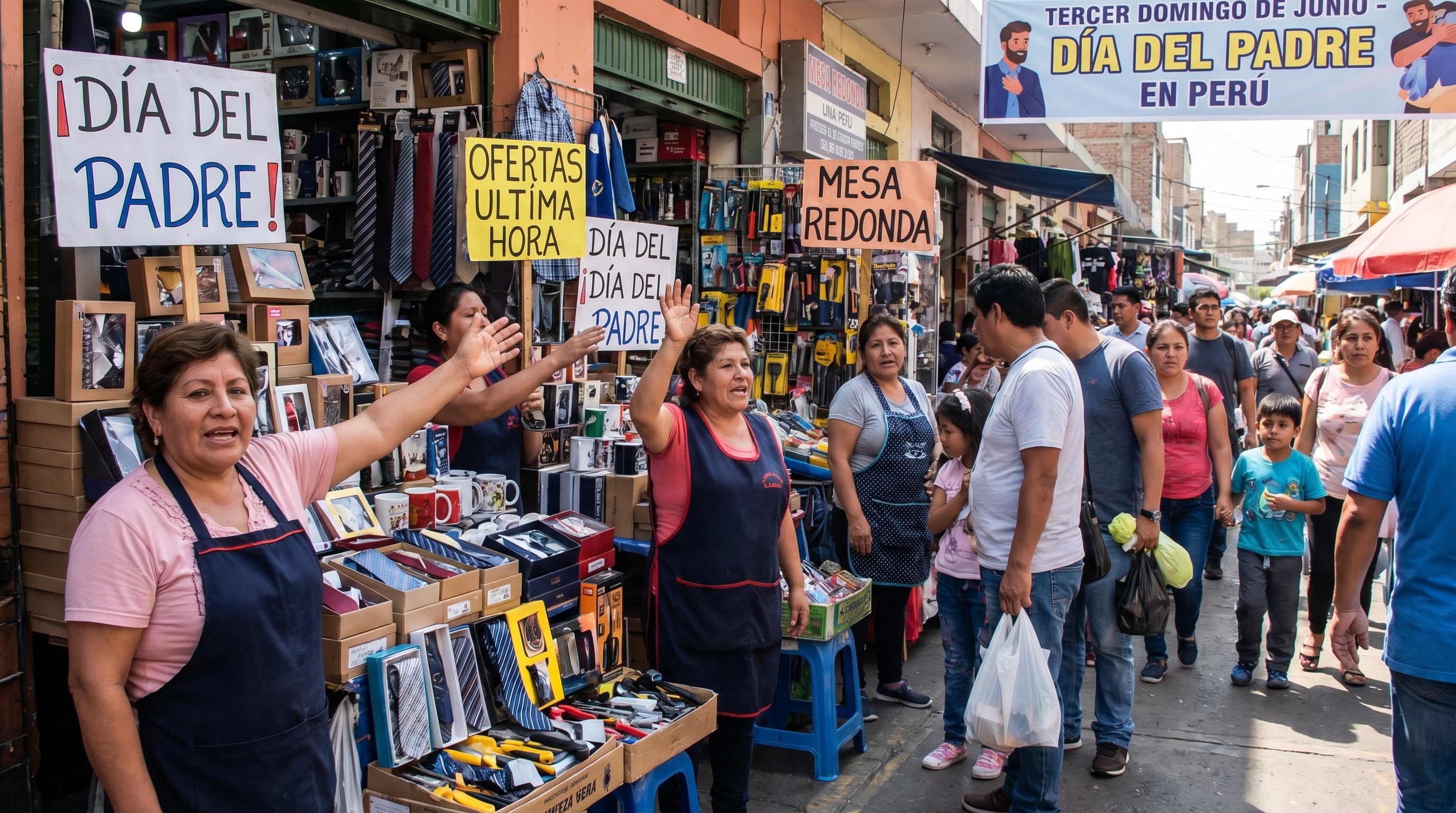 Vendedoras ofrecen regalos a compradores de última hora en el concurrido mercado de Mesa Redonda en Lima, mientras los peruanos se preparan para celebrar el Día del Padre. (Imagen Ilustrativa Infobae)
