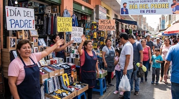 Mujeres vendedoras en delantales ofrecen regalos como corbatas y tazas en un puesto callejero concurrido. Numerosas personas caminan entre los puestos.
