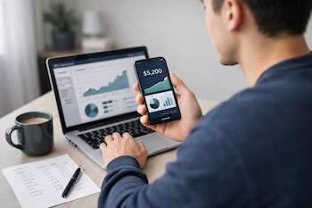 Joven sentado frente a laptop y celular con aplicación de banca digital, saldo de 5.200 dólares, gráficos de ahorro, taza de café, hoja con anotaciones y bolígrafo.