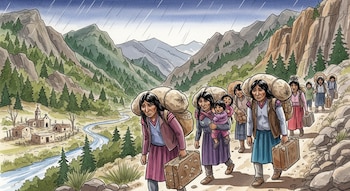 Ilustración acuarela de un grupo de personas, incluidas mujeres y niños, caminando por un sendero de montaña bajo la lluvia, con equipaje y un pueblo al fondo.