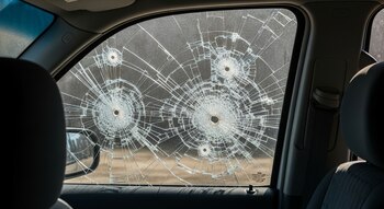 Primer plano del cristal de una ventanilla de automóvil completamente destrozado por múltiples impactos de bala, con patrones de fractura radiales.