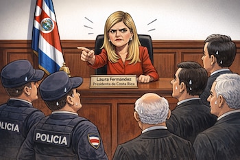 Caricatura de Laura Fernández, Presidenta de Costa Rica, rubia, señalando enojada a policías y funcionarios de traje, quienes sudan. Bandera de Costa Rica atrás.