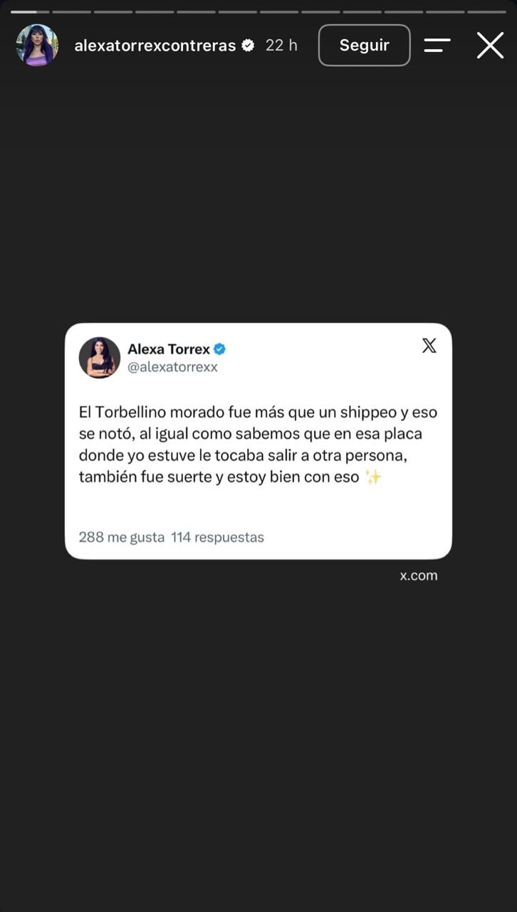 Alexa Torrex dejó un mensaje con el que confirmó que su cercanía en la casa estudio con Tebi había sido más que un