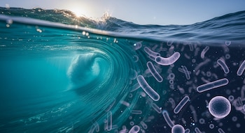 Ola oceánica vista bajo el agua y sobre la superficie, con la parte derecha transformándose en una concentración de microorganismos bacterianos.